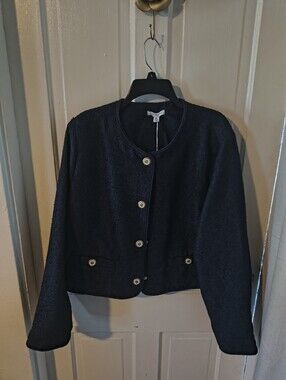 Women’s Navy Bouclé Cropped Jacket with Decorative Buttons